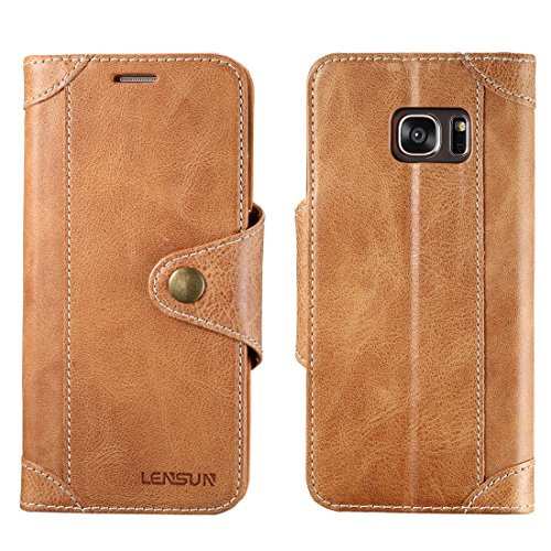 Funda Galaxy S7 Edge  Lensun Funda de Cuero Genuino para Samsung Galaxy S7 Edge 5 5  con Cartera para Tarjetas y Cierre Magnetico - Marr  n  S7E-GT-BN 