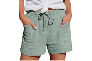 NUOKE Shorts Damen 2025 Sommer Leinen Musselin Kurze Hose Beach Mit Taschen Mode Lässige Stoffhose Freizeit Stretch Gerades Bein Kordelzug Leinenhose