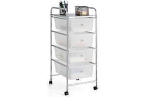 COSTWAY Wózek na kółkach z 4 szufladami z możliwością układania w stos, z metalowym stelażem i półką, wózek do przechowywania do biura, salonu (przezroczysty)