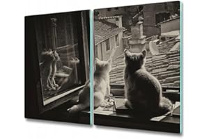 Tulup Tagliere Vetro Temperato - 2x30x52cm - Copri Piano Cottura - Gatti alla Finestra