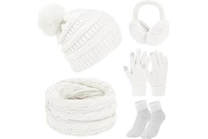 Xnova Women Winter Hat Scarf and Gloves Set, Ladies Warm Knitted Pom Beanie Hat Thermal Touch Screen Gloves Long Loop Scarf Thick Ski Socks 5 PCS Ear warmers for Outdoors Sports