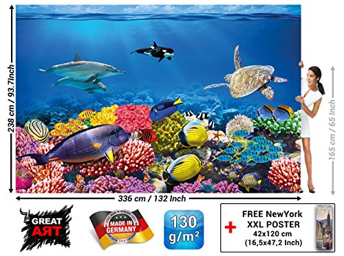 Fototapete Aquarium Wandbild Dekoration farbenfrohe Unterwasserwelt Meeresbewohner Ozean Fische Delphin Korallen-Riff Clownfisch | Foto-Tapete Wandtapete Fotoposter Wanddeko by GREAT ART (336 x 238cm) - 3