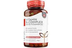 Vitamine B Complex Extra Fort avec Vitamine D - 365 Comprimés 1 an d'Approvisionnement - Sans Gluten - 8 Vitamines B actives - B1, B2, B3, B5, B6, B7 (Biotine) B9 (Acide Folique) B12 - Nutravita