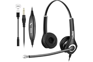 CALLEZ Casque Téléphone Portable avec Micro Anti-Bruit, PC Casque 3,5mm, USB C Oreillette Filaire pour Ordinateur, iPhone Samsung Smartphone, Skype, Bureau Business Centre d'Appel, Ultra Léger et Confortable