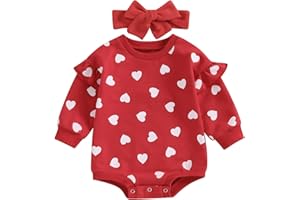 ESSECMBS San Valentino 2Pz Completo Neonata Pagliaccetto Maniche Lunghe Neonata Tutina Bimba Stampa Cuore Body Elegante Neonata+Fascia per Neonata