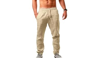 riou Algodón Pantalones Largos Casual Transpirable Ropa para Hombre， Pantalon Lino Corto de Suaves y Cómodos, Pantalones Transpirables de Verano de Color Sólido,para Playa/Hogar/Uso Diario