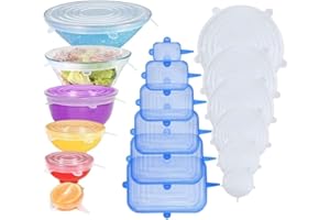 WANFOOU Tapas elásticas de silicona, 12 unidades, tapa de silicona extensible de diferentes tamaños, tapas de silicona, reutilizables y permanentemente expandibles, para tarros, cuencos, botellas