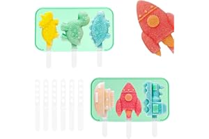 RHHGHY 2 stampi per ghiaccio in silicone per bambini, riutilizzabili, senza BPA, per gelato e ferro da stiro (dinosauri + razzi + animali + veicolo)