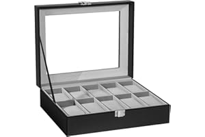 Uten Boite a Montre, 10 Emplacements Écrin à Montres en Cuir Boite Rangement Montre avec Couvercle en Verre pour Homme Femme, Noir