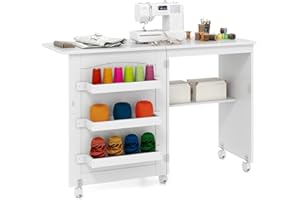 COSTWAY Mobile per Macchina da Cucire Pieghevole, Tavolo da Cucito con Ruote Bloccabili e Ripiani Portaoggetti, Tavolo per Macchina da Cucire Multiuso da Studio e Salotto (Bianco)
