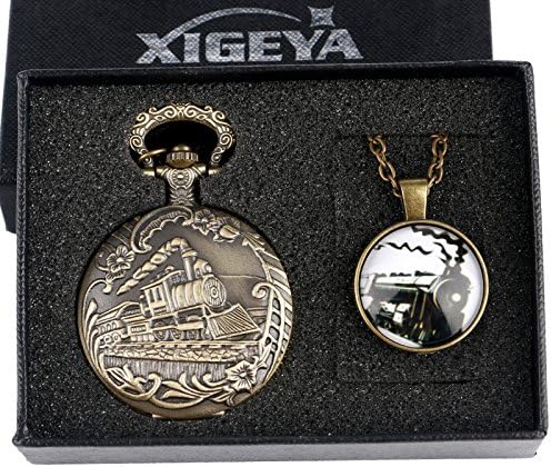 Bronze Locomotive Steam Train Railway Chimney Front View Pocket Watch with Chain