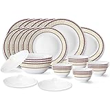 Larah by Borosil Elega Fluted Series Opalware Dinner Set | 31 Pieces for Family of 6 | Microwave & Dishwasher Safe | Bone-Ash