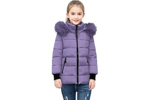 GENERIC Girls Winter Puffer Jacket Faux Fu𝗿 Hooded Warm Heavyweight Quilted Jackets Kids Windproof Thick Zip up Parka Coats Casual School Coat Outerwear Snowsuit with Pocket