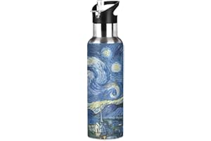 Mnsruu Van Gogh Estrella Noche Acuarela Botella de Agua Deportes con Pajita, Botellas Termica Acero Inoxidable 600ML Sin BPA para Niños Deportiva Gimnasio Ciclismo Escuela