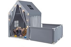 COSTWAY Kids Play Tent, Indoor Toddler Playhouse with Playpen, Washable Cotton Mat, Star Lights, Large Castle Fairy Tents for Girls Boys (Grey)