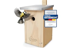 WILDLIFE HOME Nistkasten Meisen mit Metalldach für Kohlmeisen & Co. I nach NABU aus verschraubtem Massiv-Holz I Wetterfest & Unbehandelt I Vogelhaus zum Aufhängen