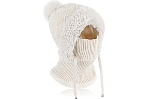 TAGVO Gorro de Punto para Mujer Invierno, Gorro Beanie con Forro Polar Caliente y Calentador De Cuello, Gorro De Punto Flexible con Bola De Pelo Thermo Pasamontañas para Mujer al Aire Libre