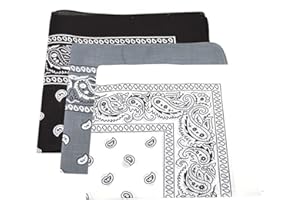 V-VAPE Pack Of 3 Men's/Women's Printed Pattern Black,Grey & White Bandana Head/Neck Scarf 100% Cotton