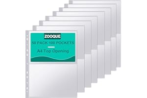 ZOOQUE Paquete de 50 Fundas Plástico Fotográficas A4 Transparente de 100 Bolsillos Para archivadores A4 de 11 anillas, 2 Compartimentos, Protector Fotográfico, A4 Fundas par Album Fotos (153x216 mm)