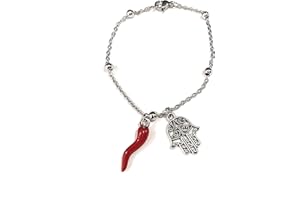 MODA MAVILLA Bracciale donna acciaio corno portafortuna ciondolo mano di Fatima .Made in Italy. bracciale in acciaio emozionale - frasi, pensieri, parole con charms - ciondolo pendente - misura regolabile