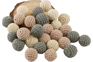 ARTLATU 30stk Häkelperlen Bunt 20mm Gehäkelt Holzperlen Runde Gehäkelte Perlen mit Loch zum Auffädeln Handgefertigt Natur Holzkugeln für DIY Schmuck Dekorationen Halskette Armband