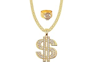 Weenkeey 2 pezzi Dollar Sign Collana Anello Set Hip Hop Dollar Collana Strass Catena d'oro per gli uomini Donne