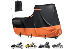 DOCEPERT Motorrad Plane Wasserdicht,600D Motorrad Abdeckplane Outdoor,5 Reflektierende Streifen,2 öFfnung zur BelüFtung für Harley Davidson Touring Modelle,UV-Schutz (Side Box 300x110x142cm Schwarz-Orange)