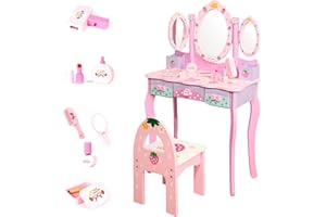 MAGIC SELECT Tocador Infantil de Madera con Taburete y Cajones. Mesa de Maquillaje para Niñas con Accesorios y Espejo Plegable. Juego de Tocador de Maquillaje y Silla para Niña +3 Años, para Regalo de Cumpleaños.