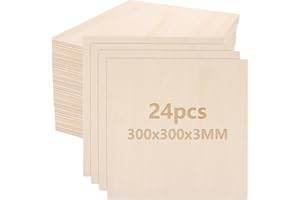 CYEER Lot de 24 plaques de contreplaqué de 3 mm, 300 x 300 mm, bois de tilleul, bois non traité, panneaux de contreplaqué, plaques de bois de balsa pour bricolage art et artisanat, projets laser,