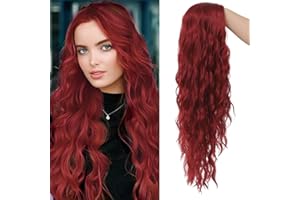 ‎SIUDUS Siudus Perücke Rot Damen Lang Perücke Rote Wellig Lockige Wellige Perücken für Frauen Burgund Mittelteil Haar Perücke Synthetische Faser Perücke