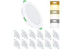 ALUSSO LIGHTING Focos Led Interior Techo,10W 800LM downlight led techo empotrable,3CCT 3000K 4000K 6500K, IP44 Corte 125-135mm, Foco Empotrable Led Techo Para baño,Cocina, dormitorio,Blanco,12 Pack