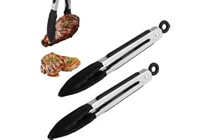 Förpackning med 2 grilltänger, kökstänger, matlagningstänger, silikontänger för varmluftsfritös, 21 cm, värmebeständiga bakverkstänger, bakverkstänger, kötttänger, rostfritt stål och silikonspets