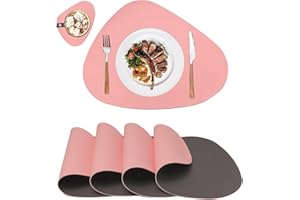 ‎MIIDD Platzsets Abwaschbar Leder,Tischsets Abwaschbar Rund,Platzdeckchen Abwaschbar Rund,Tischset Lederoptik,Doppelseitigen Platzset und Untersetzer Teller 4er Set Oval(Rosa&Grau)