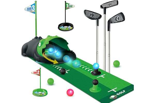 Ensemble de Golf pour Enfants avec Retour Automatique de dinosaure, Balles de golf nocturnes lumineuses à LED,3 clubs,3 à 8 mini jeux de golf, jouets de sport d'intérieur et d'extérieur garçons filles