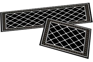Dhouse Kitchen Rug Set 2PCS Non-Slip Design Doormat Oil Proof Runner Carpet Washable Absorbent Floor Mat with Rubber Backing for Laundry Room Kitchen Entryway(Black White Rhombus)