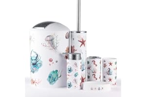 JOTOM Modern Design 6 Piece Plastic Bathroom Accessory Set Luxury Bath Accessories Bath Set Lotion Bottles,Toothbrush Holder,Tooth Mug,Soap Dish,Toilet Brush,Rubbish(Seahorse)