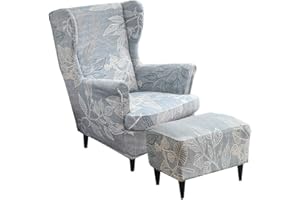 Highdi 2 Teilig Ohrensessel Überzug Mit Ottomane Schonbezug, Sessel-Überwürfe Ohrensessel Schonbezüge Bezug Sesselhusse Stretch Tiger Stuhlbezug mit Armlehne Hohe Rückenlehne (Einfache Blätter)