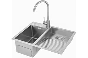ATHOMASM Fregadero De Acero Inoxidable Con Tabla De Lavar: Lavabo Para Uso General Hecho A Mano Para Lavadero, Taller Y Garaje: Acabado Cepillado Duradero, Lavabo Profundo Con Drenaje Eficiente(Right-b,60cm)