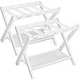 SONGMICS Bamboo Luggage Rack for Guest Room, Set of 2, Folding Suitcase Stand with Fabric Storage Shelf, for Hotel, Bedroom, Heavy-Duty, Holds up to 131 lb, Cloud White URLR007W02