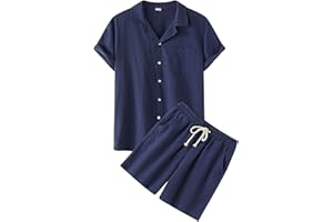 Celucke Zweiteiler Herren Leinenanzug Sommer Freizeitanzug Einfarbig 2-teilig Kurzarm Button-Up Revers Hemd und Shorts Beach Shirt Kurze Hose Set Baumwolle Leinen Anzug