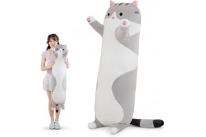 Katt plyschkudde lång katt plysch kawaii jätte mjuk kramkudde leksak present till barn vuxna 1 st, grå 110 cm