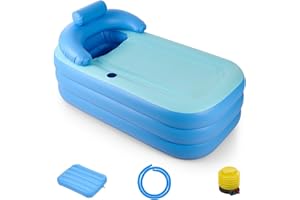 CO-Z Portable Tub, Foldable Bathtub for Adults & Kids, 94 L PVC Inflatable Tub with Detachable Cover Cup Holder Foot Pump, 125x50cm Large Outdoor Collapsible Bathtub for Families with 3 Air Chambers
