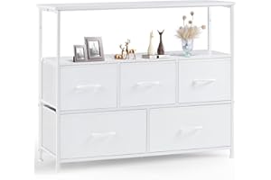 ‎SWEETCRISPY Sweetcrispy Kommode,TV Schrank Stand für Schlafzimmer mit 5 Stoffschubladen,Sideboard Wohnzimmer für 115cm TV,Einstellbare Füße Schubladenschrank,Komodenschrank für Schlafzimmer,Modernes Weiß