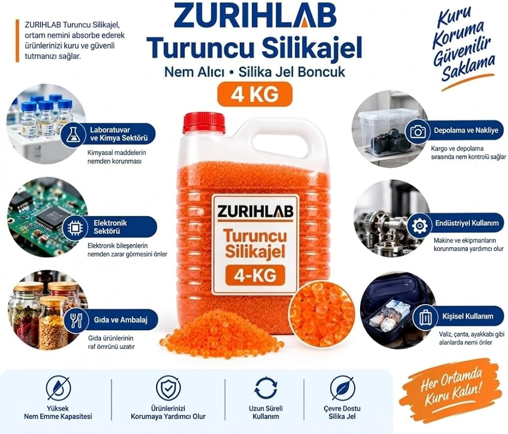 ZURIHLAB Turuncu Silikajel 4 KG - Silika Jel Boncuk Nem Alıcı Nem Giderici | Nem Giderici, Silikajel Boncuk, Turuncu Renk, 4 KG Paket