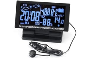 PolarLander 4 en 1 Termómetro de Coche Digital Higrómetro 12V DC Pantalla LCD Hygrothermograph Tiempo Pronóstico Voltaje Reloj