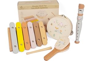 WOODENFUN Montessori - Lot de 4 jouets musicaux en bois pour enfants de 3 ans - Tamburin, xylophone, flûte et fond de résonance - Jeu d'instruments