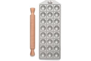 Marcato Stampo per Ravioli, Forme per Ravioli, Alluminio, Mattarello in Legno Incluso, Preparazione Facile, Design Elegante, RA-T40X24-CLS