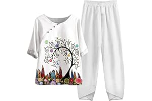 ZEIAYUAS Ensemble Femme Coton et Lin Printemps Été 2 Piece Chic Elegant Survêtement Imprimé Outfit Col Rond Tee Shirt et Pantalons Manche Longues Sport Lâche Tops + Pantalon Suit Respirant Streetwear Voyage