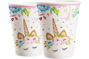 MORAINJAY 16Pcs Unicorn Party Cups,Pink Unicorn Paper Cup,9oz/250ml Colorful Purple Themed Cups for Kids,Table Decorations for Girls Birthday,Unicorn Party Supplies for 16 Guests