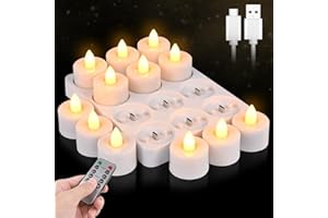 ZWOOS 12 Bougie Chauffe Plat LED Rechargeables avec Télécommande Minuteur, Intensité Variable Bougies LED Flamme Vacillante avec Câble USB et Station de Charge, pour Salon, Fêtes, Halloween et Noël
